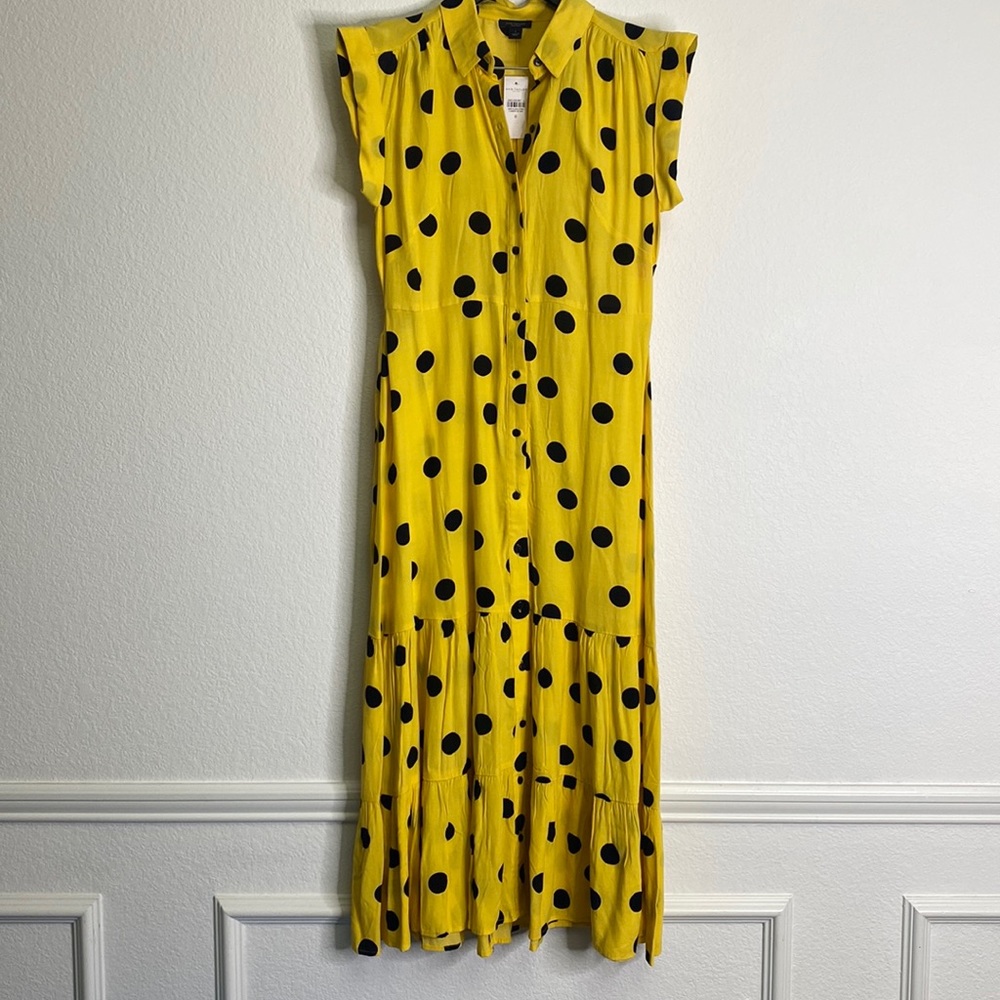 ANN TAYLOR FACTORY YELLOW W/BLACK POLKA DOT DRESS. SIZE: 0